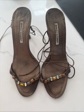 Manolo Blahnik Brown Jeweled Lace-Up Leather Heels